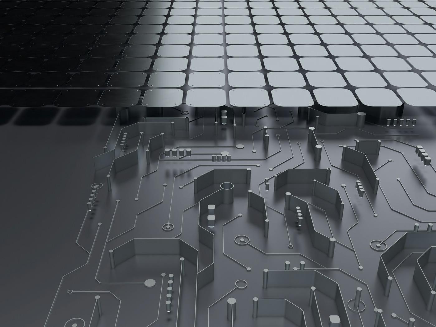 3D visualization of circuit board infrastructure with architectural grid elements in monochromatic grey